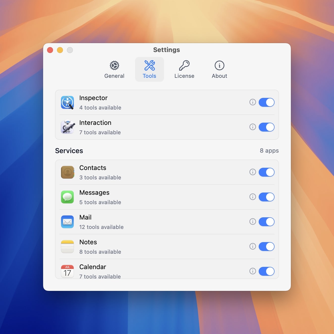 Macuse MCP server native macOS app integration showing Calendar, Mail, Notes, Reminders, Contacts, and Messages