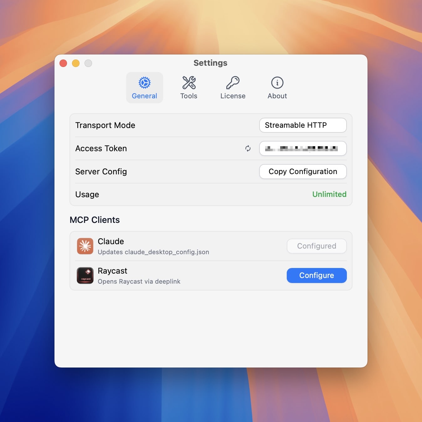 Macuse MCP server tools interface showing available automation features for macOS